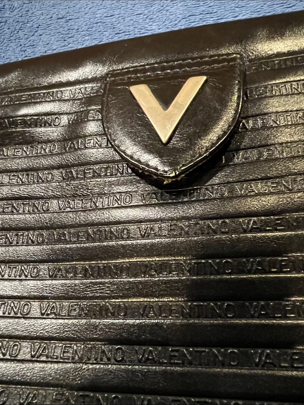 Valentino Black Leather V-Emblem Horizontal Embossed Clutch